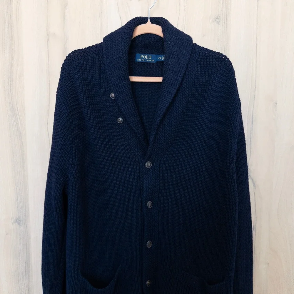 Polo Ralph Lauren Men Cardigan Large Navy Shawl Collar Heavy Fisherman Old Money